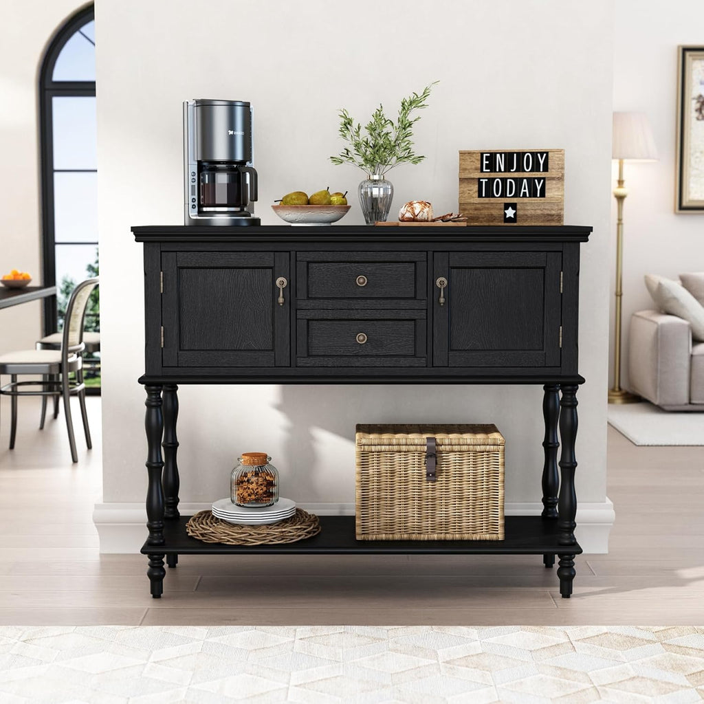 ARTPOWER Console Table with 2 Drawers, Retro Entryway Table with 2 Door Cabinets and Open Storage Shelf, Narrow Long Behind Couch Sofa Table for Living Room, Foyer, Hallway, Black