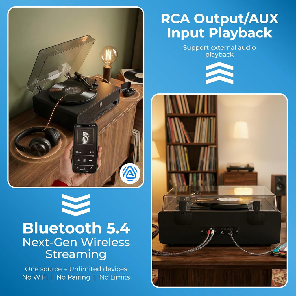 Philips Record Player, All-in-One Bluetooth Turntable with Built-in Speakers, 3-Speed Belt-Drive Vinyl Record Player, Audio-Technica Stylus, Wireless Streaming in & Out, RCA/AUX/Headphone, Auto-Stop