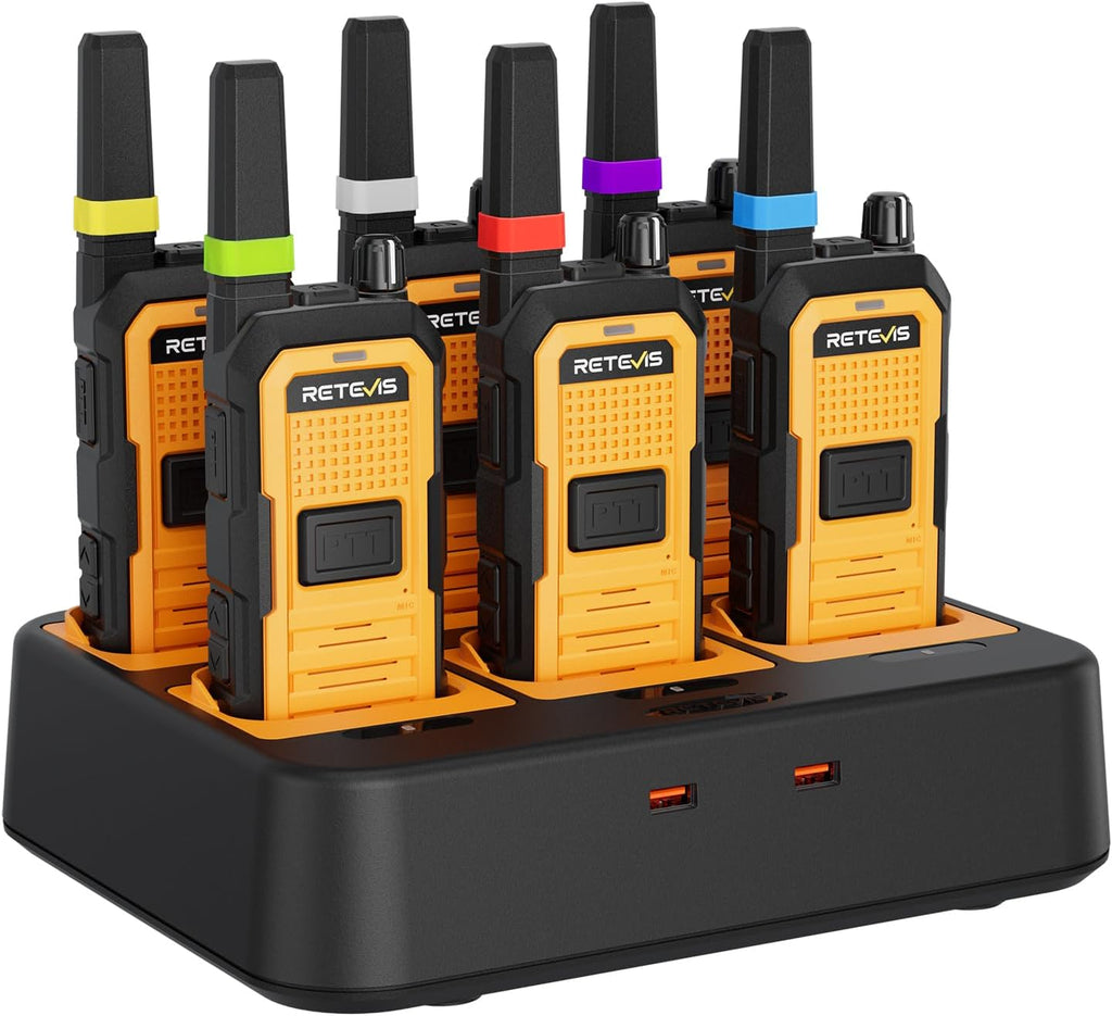 Retevis RB48A Industrial Waterproof Walkie Talkies Long Range, Heavy Duty FRS Two Way Radios Rechargeable, IP67, Large PTT, Noise Reduction, 1000mW Speaker, 23-Hour, with Gang Charger(6 Pack)