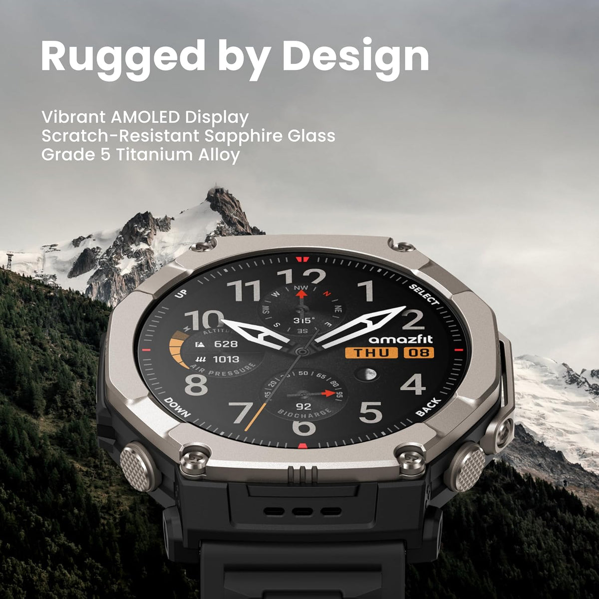 Amazfit T-Rex Ultra 2 Dual-Band GPS Outdoor Smartwatch, 51mm Ti Body, 1.5" Sapphire AMOLED Display, Flashlight, 30 Days of Battery, Offline Maps, 10 ATM, 180+ Sports Mode for Android & iPhone, Black