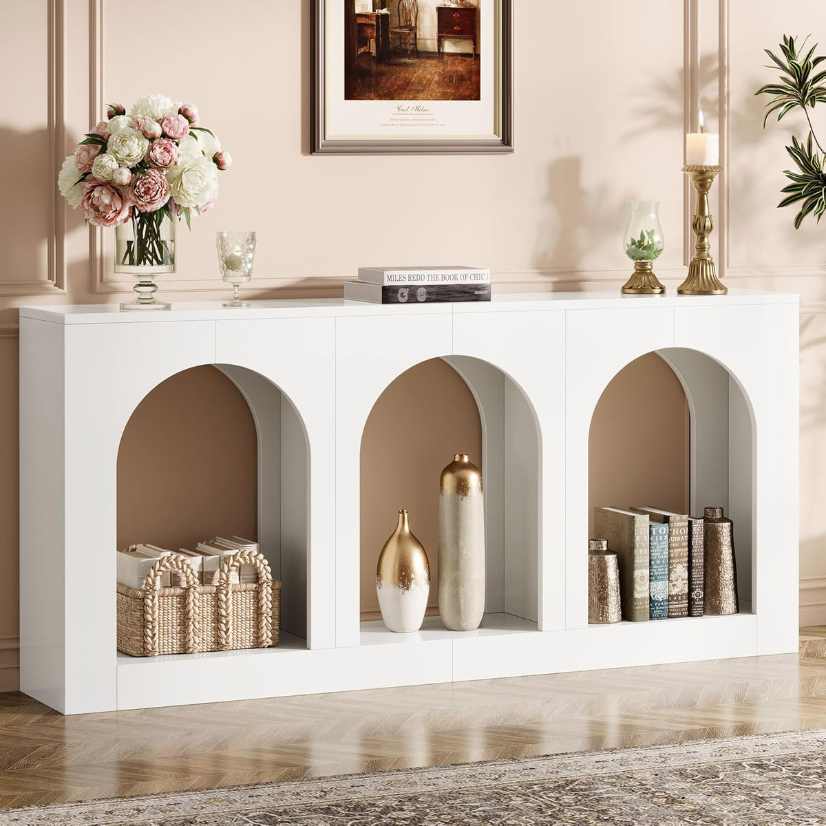 Tribesigns 70.9" White Console Table with Storage, Wood Entryway Entry Table with 3 Arched Shelves for Foyer, Hallway, Living Room, Behind Couch Sofa, Narrow Long