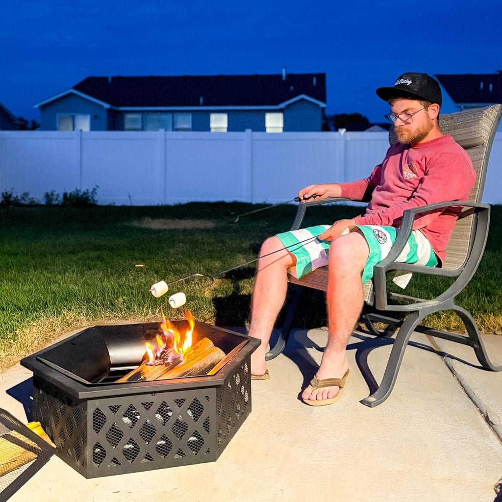 Outsunny 28" Outdoor Fire Pit Grill, Portable Wood Burning Firepit for Outside with Cooking Grate, Fire Poker, Spark Screen Lid, Steel Hexagon Fireplace for Patio Bonfire Backyard BBQ Camping Picnic