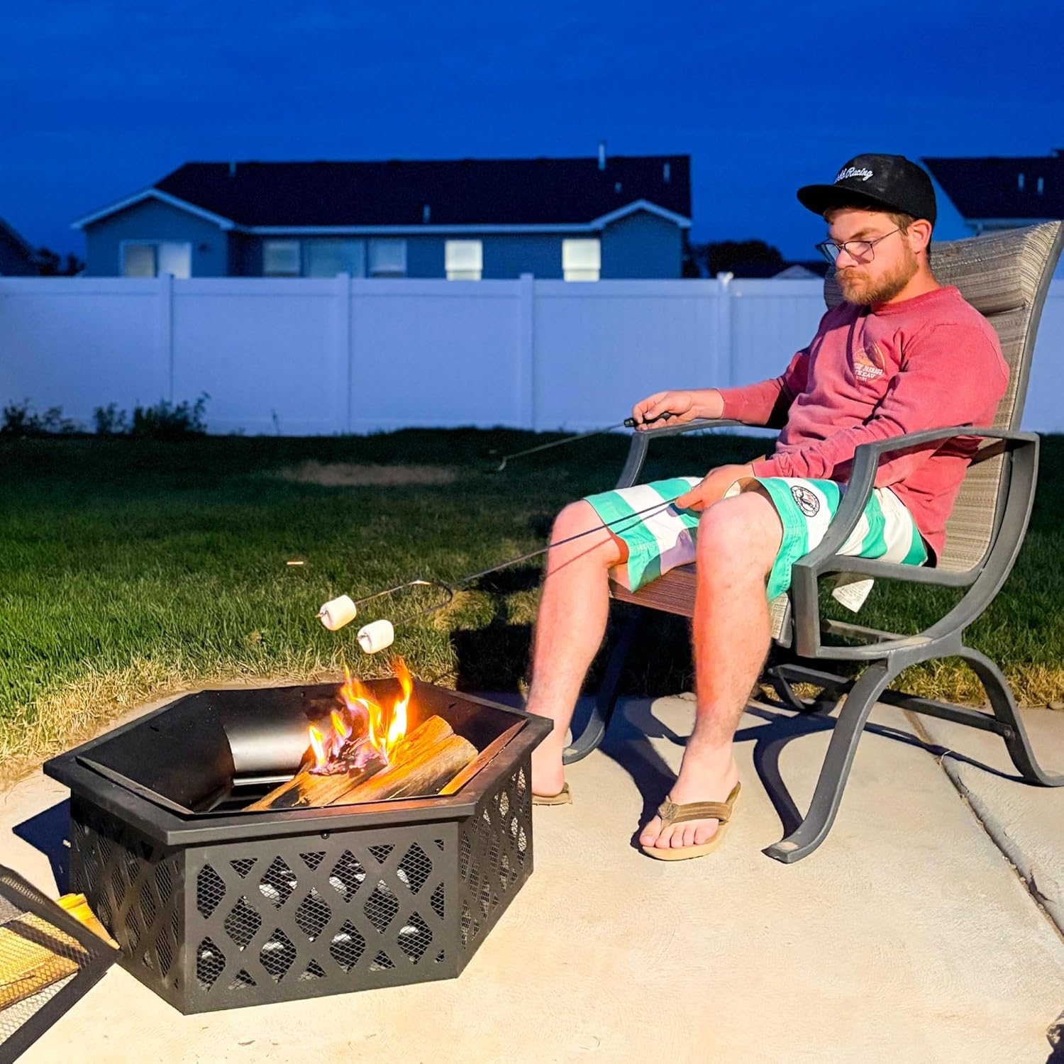 Outsunny 28" Outdoor Fire Pit Grill, Portable Wood Burning Firepit for Outside with Cooking Grate, Fire Poker, Spark Screen Lid, Steel Hexagon Fireplace for Patio Bonfire Backyard BBQ Camping Picnic