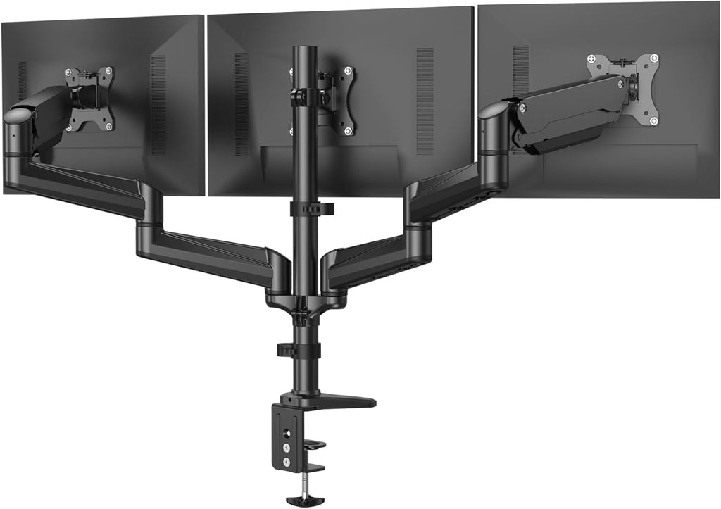 HUANUO Triple Monitor Mount for 17 to 32 inch Screens, Adjustment Gaming Triple Monitor Stand with Swivel, Tilt, Rotation, Clamp & Grommet Kit