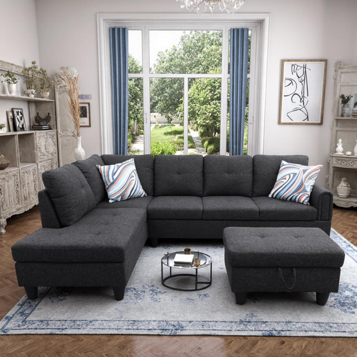 L Shaped Couch Sectional Couches with Chaise and Storage Ottoman, 3 Pieces Modular Convertible Sofa for Living Room Furniture Sets and Small Apartment, Black Grey