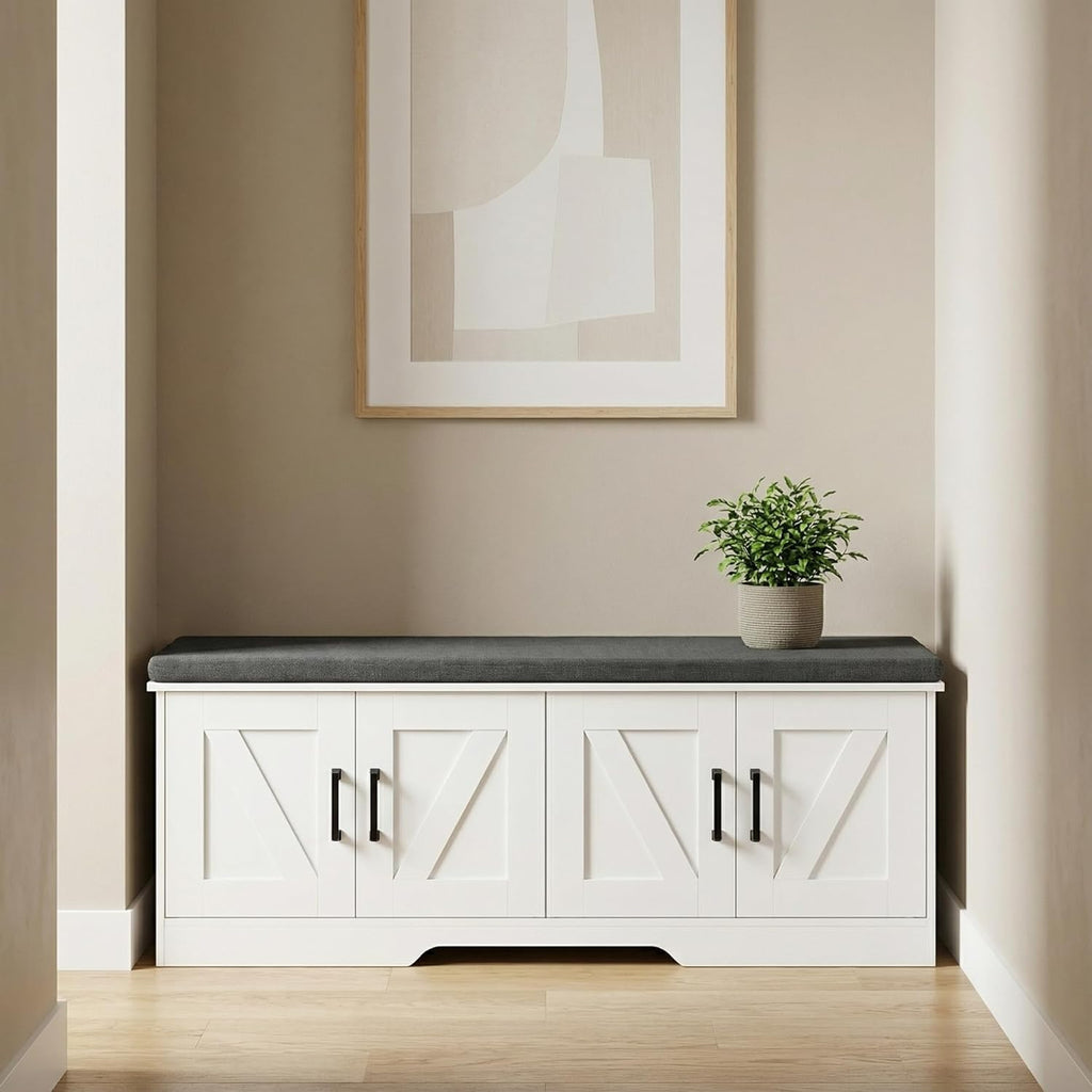 HOMSHO 2-Tier Storage Bench, 47.2" Wide Shoe Bench with Padded Seat Cushion, Entryway Bench with 4 Barn Doors and Adjustable Shelf, White