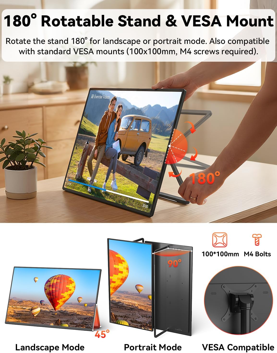 HotYeah Portable Smart TV, EDLA-Certified, 23.8" 1080P 2-in-1 Rolling TV & Monitor, w/Built-in 10000mAh Battery, Support Voice Control, USB-C & HDMI, 180° Adjustable Kickstand