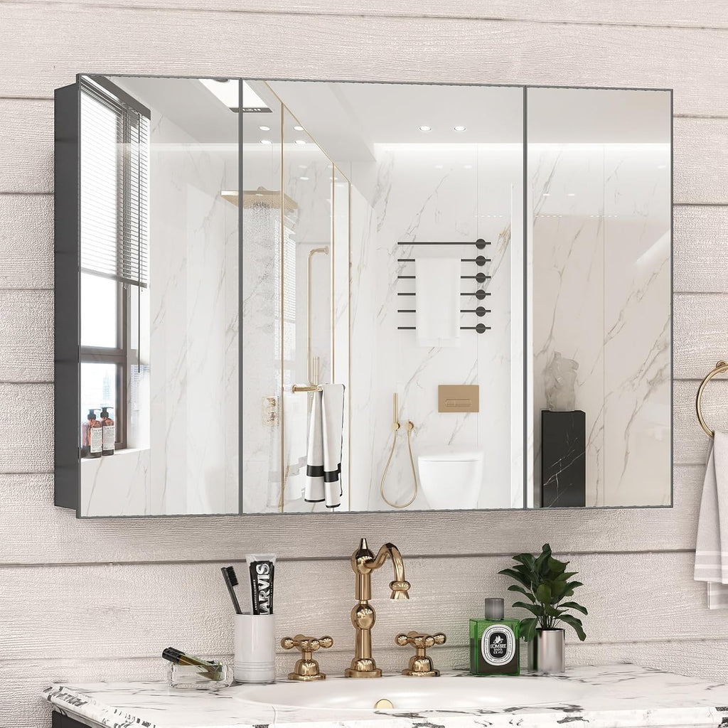 40 x 28 Farmhouse Medicine Cabinet, Tempered Frameless Bathroom Mirror with Storage, Black Recessed or Surface Mount Aluminum Medicine Cabinet for Bathroom Modern-Large