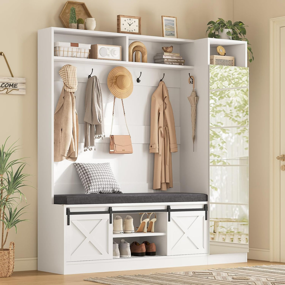Hall Tree with Bench and Shoe Storage, Entryway Coat Rack with Tall Mirror, Farm House Barn Door 4-in-1 Hall Tree with Storage Cushioned Stool and Hooks for Hallway, Living Room, (60IN,With Mirror)