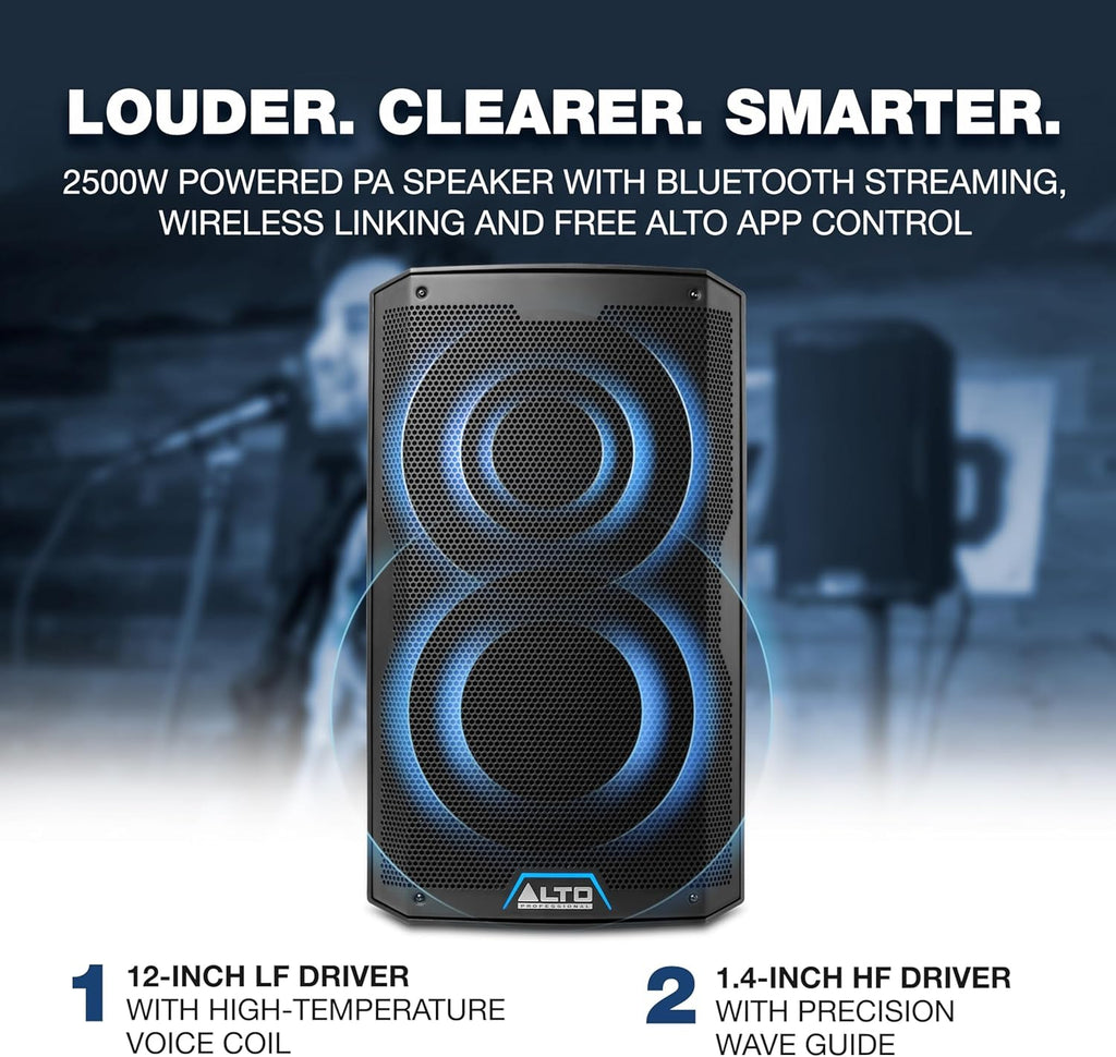 ALTO TS412 2500W 12" Powered PA Speaker with 3 Channel Mixer, Bluetooth Streaming, Wireless Loudspeaker Linking, DSP App