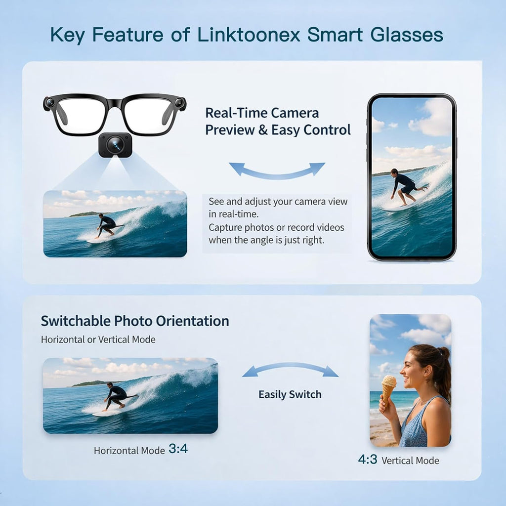 AI Smart Glasses with Camera for Men Women, 4K Video Recording, Real-Time Translation, Photochromic Lenses, Open Ear Bluetooth Audio, POV Camera Glasses for Travel Cycling Driving