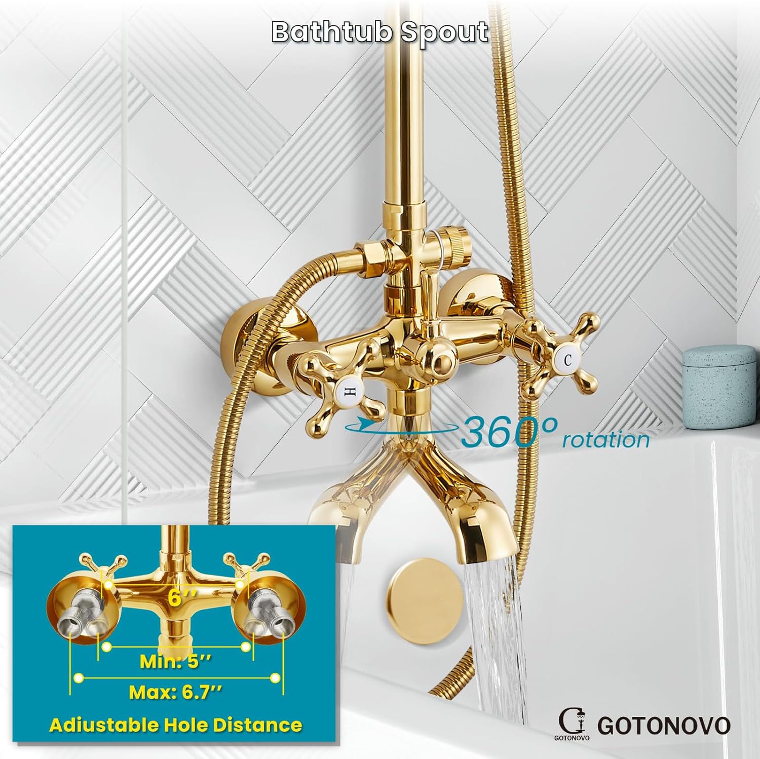 gotonovo Exposed Shower Faucet Set 8 Inch Rainfall Showerhead 3-Function Shower Fixture with Tub Spout 2 Corss Handles Shower System, Polish Gold