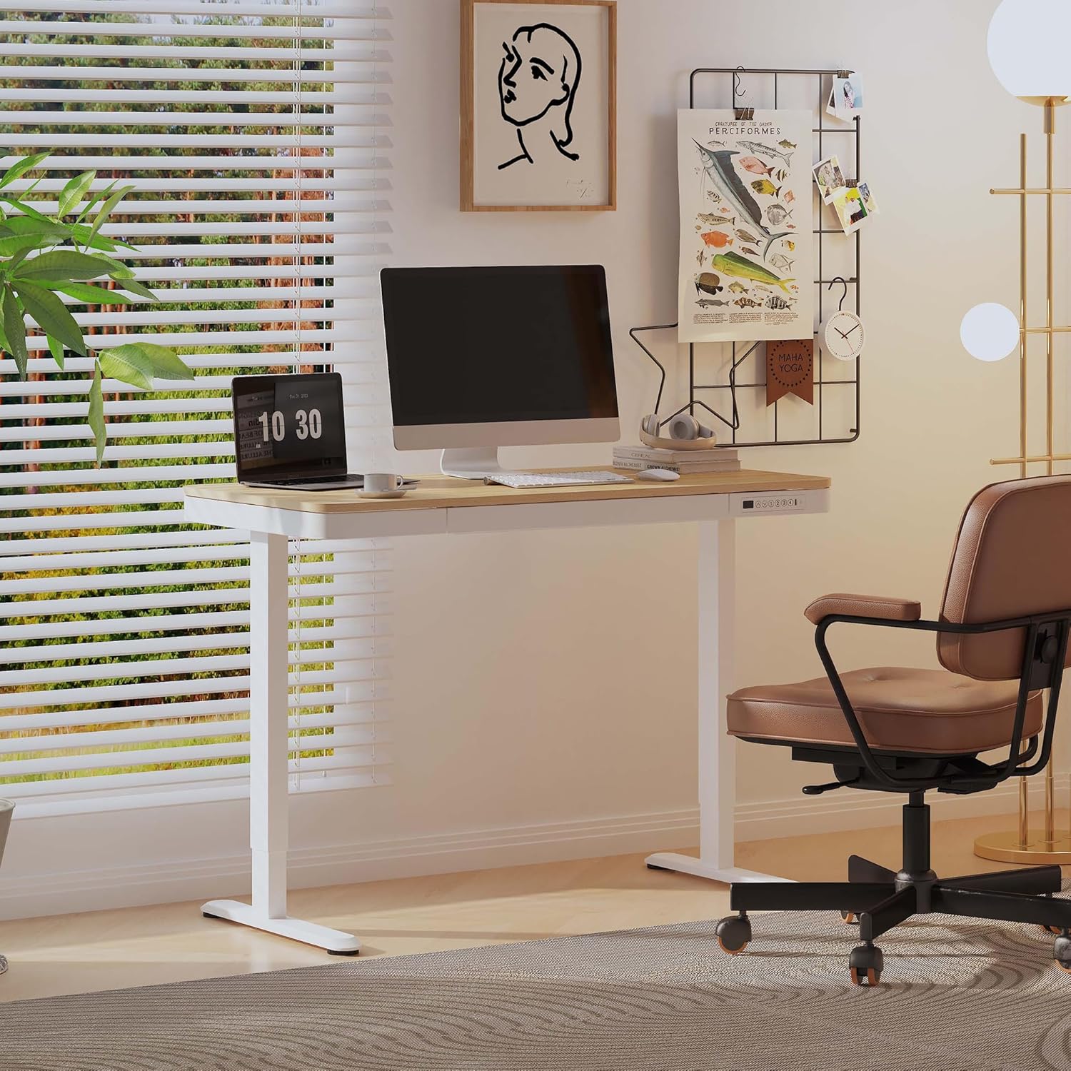 FLEXISPOT Comhar Electric Standing Desk with Drawer Desktop & Adjustable Frame w/USB Charge Ports (Bamboo-Look Laminate/White, Wood)