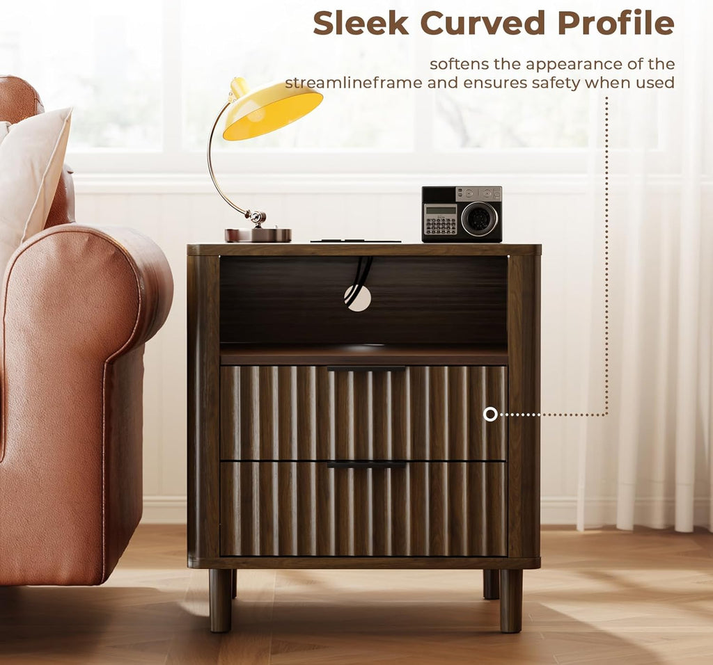 Fluted Nightstand with Charging Station, 2 Drawers Storage Bedside Table, Solid Wood Modern Nightstand with Open Shelf, Curved Profile Design, End Table for Indoor Room Bedroom Office, Walnut