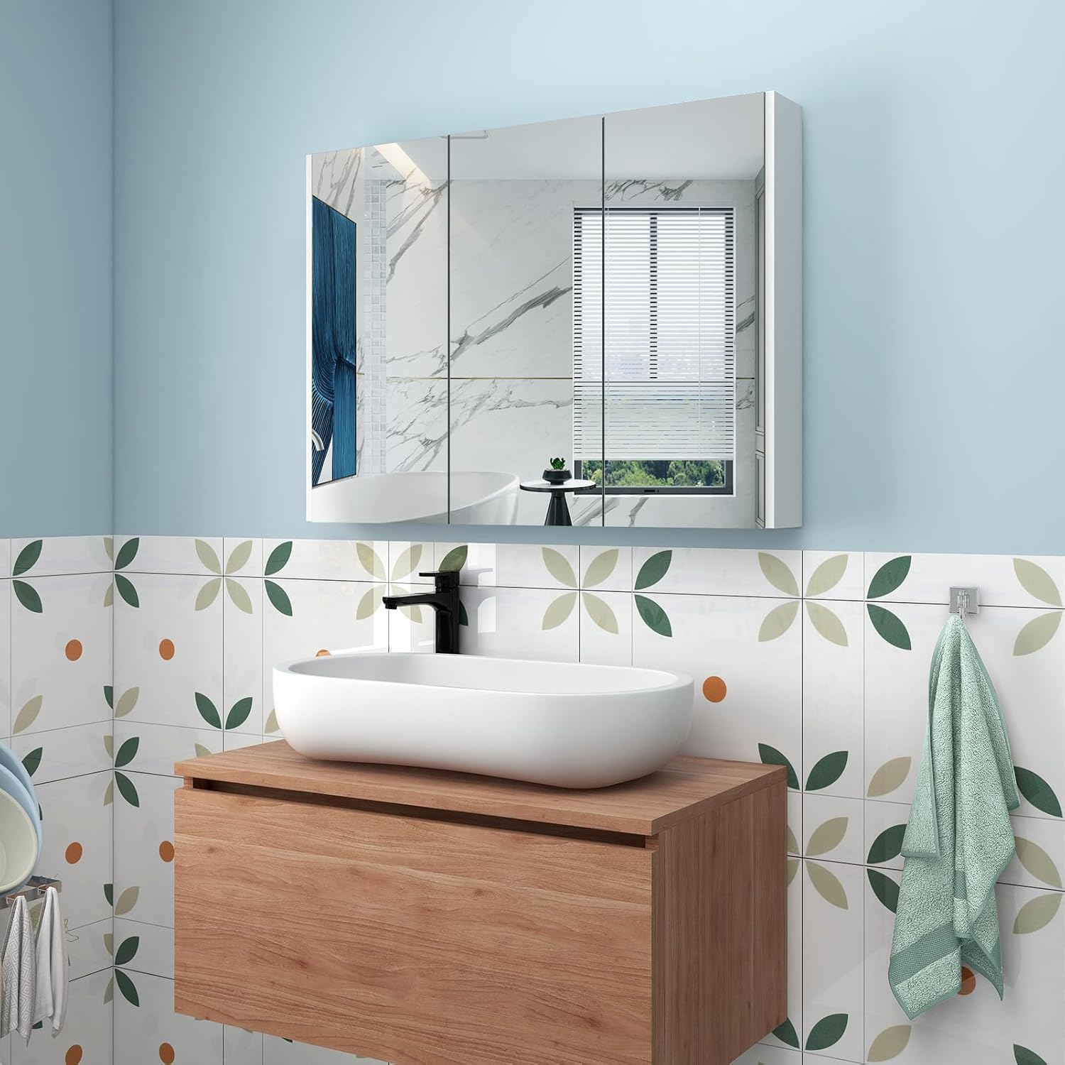 Tangkula Medicine Cabinet with Mirror, Frameless Bathroom Wall Mounted Cabinet with 3 Doors and Adjustable Shelves, Storage, Recess or Surface Mount Installation