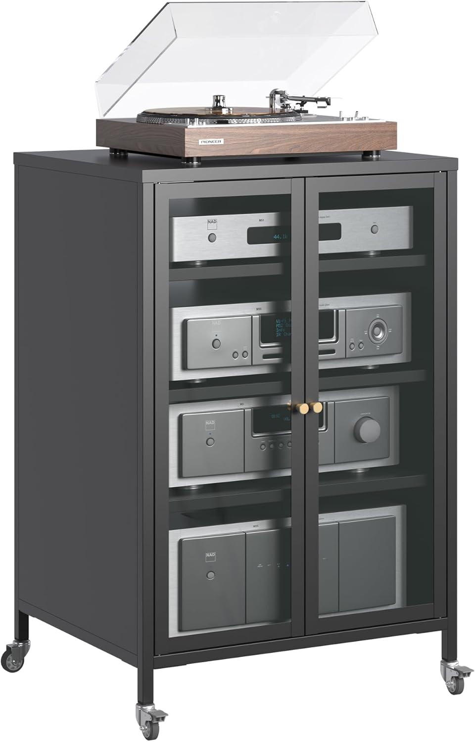 Stereo Cabinet, Metal Media Storage Cabinet with Glass Doors, Audio-Video Media Stand with 4 Adjustable Shelves, AV Stand for Meeting, Living, Recording Room, Require Assembly, Black