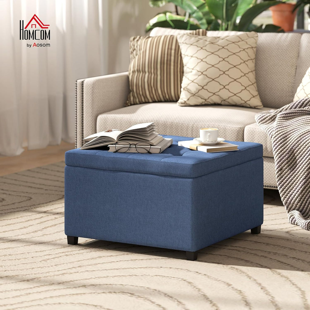 HOMCOM Storage Ottoman Coffee Table with Flip Top Seat Lid, Tufted Upholstered Footstool with Wood Frame for Living Room, Entryway, Bedroom, Blue