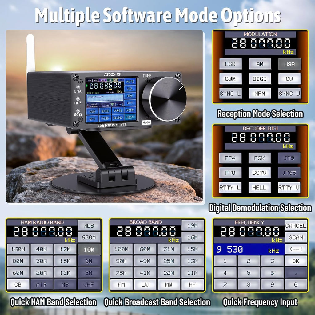 Upgraded V4.20 ATS25-XF Si4732 DSP Portable Shortwave Radio Receiver,FM LW SW MW CB SSB WiFi Function Full Band Radio Receiver,CW FT8 RTTY PSK Hell Digital Decoder with Bracket&2 Circular Antennas