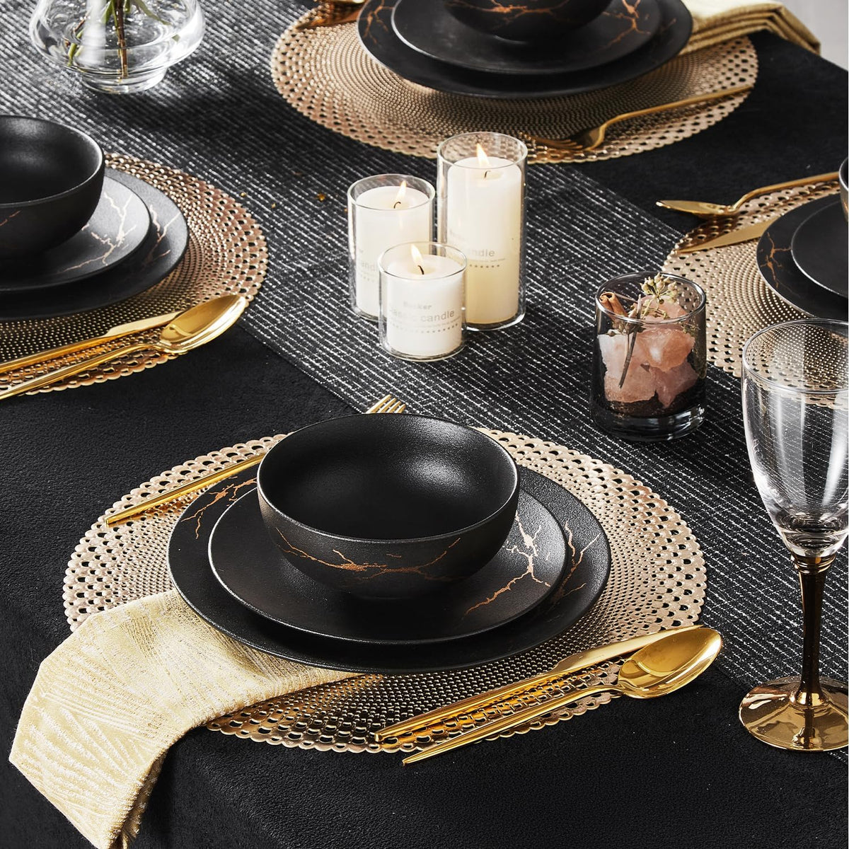KINGSTONE Dinnerware Sets for 8, Black & Gold Plates and Bowls Sets Matte Vein Dish Set, Modern Luxury Tableware Dinner Salad Plate bowl, for Home Wedding Party Gifts (24 Piece)