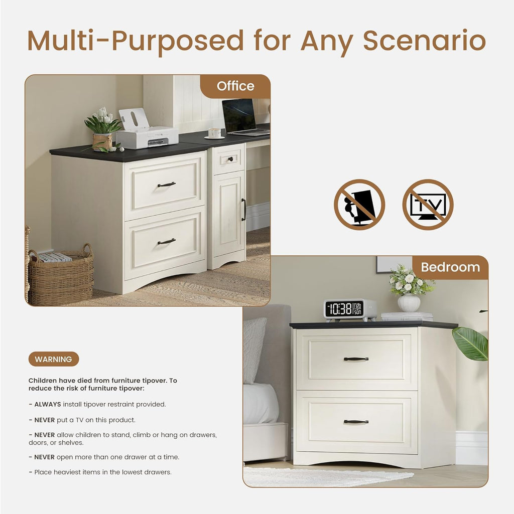 CubiCubi Farmhouse File Cabinet, 30" Lateral Filing Cabinet with 2 Drawers and Hanging Rods, Storage Wood Cabinet for Home Office, Living Room, Bedroom, Antique White
