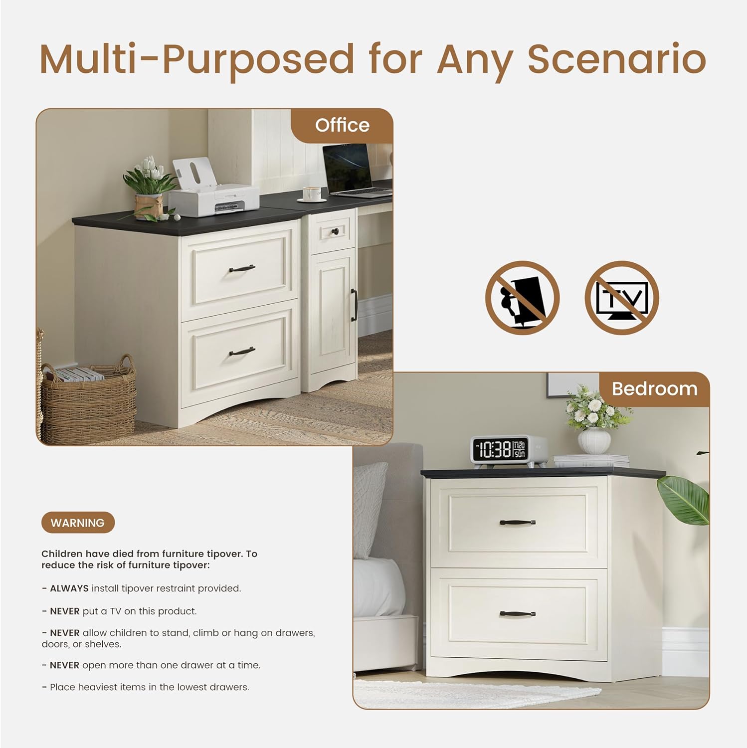 CubiCubi Farmhouse File Cabinet, 30" Lateral Filing Cabinet with 2 Drawers and Hanging Rods, Storage Wood Cabinet for Home Office, Living Room, Bedroom, Antique White