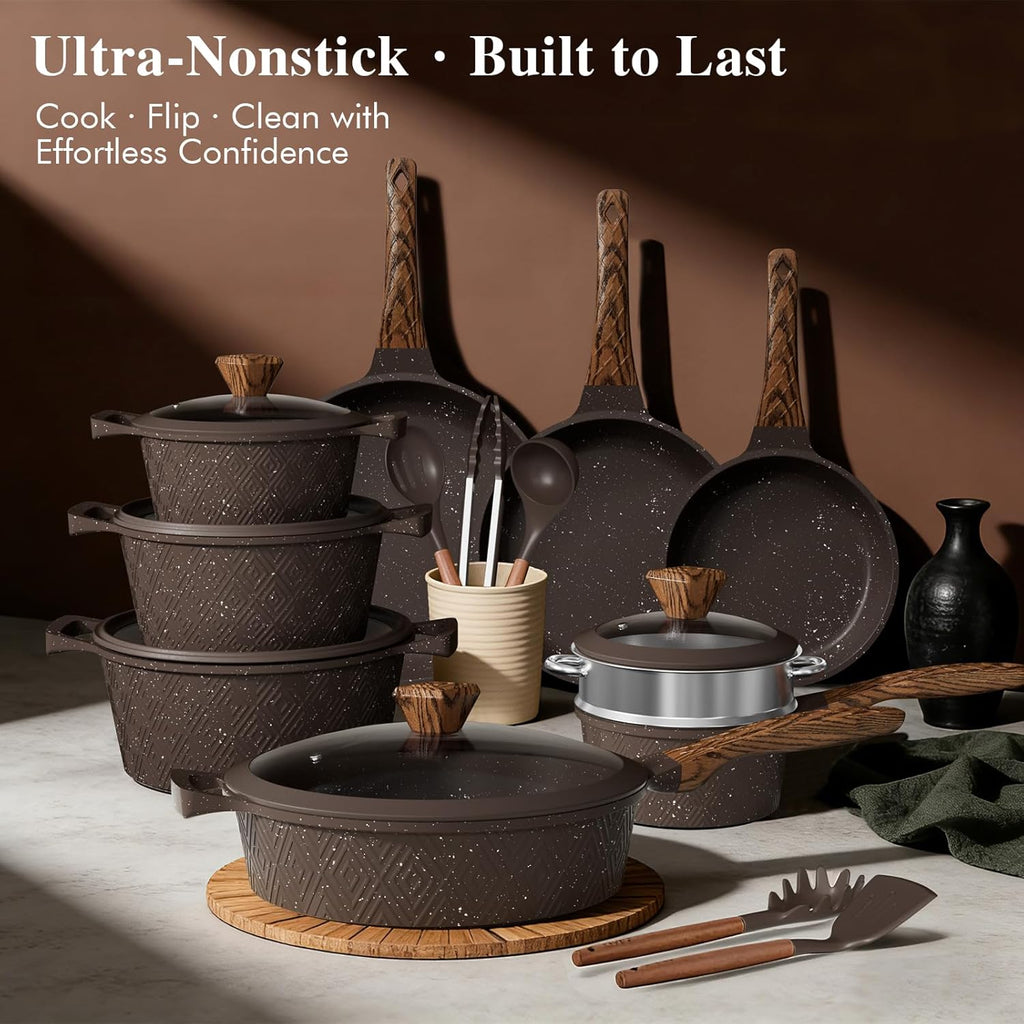 Umite Chef 26PCS Pots and Pans Set Non Stick, Nonstick Cookware Sets, Induction Cook Ware, Includes Steamer & Silicone Utensils, Housewarming Gift, Kitchen Cooking Sets w/Frying pan (PFOS, PFOA Free)