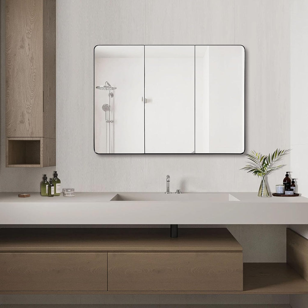 IDYLLOR Bathroom Mirror Medicine Cabinet with Round Corner Framed Door 48 x 30 inch, Black .Recessed or Surface Mount, with Adjustable Glass Shelves
