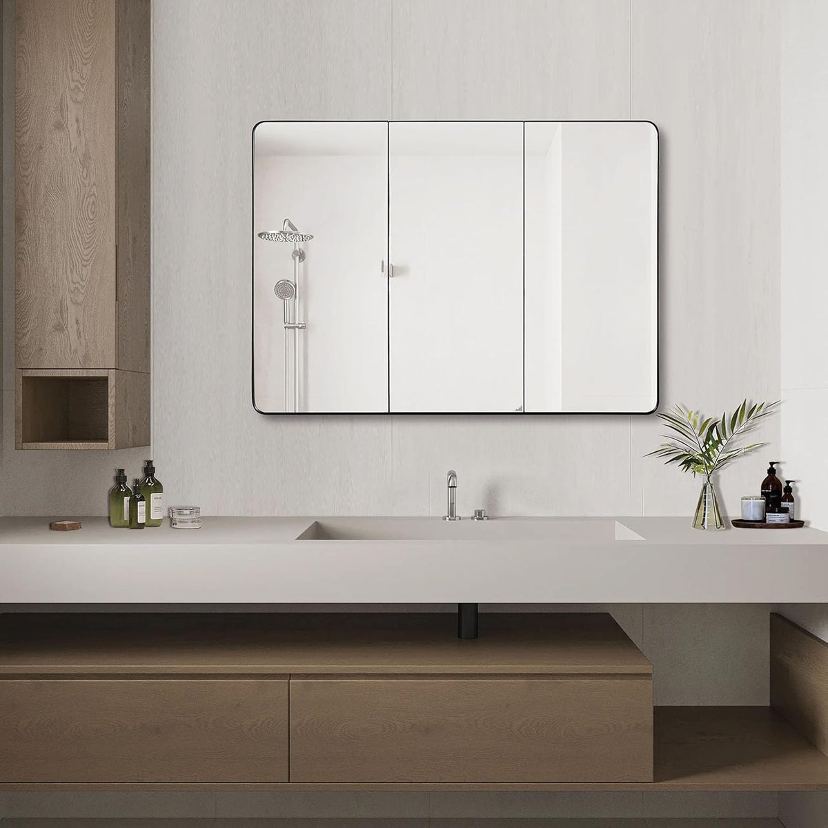 IDYLLOR Bathroom Mirror Medicine Cabinet with Round Corner Framed Door 48 x 30 inch, Black .Recessed or Surface Mount, with Adjustable Glass Shelves