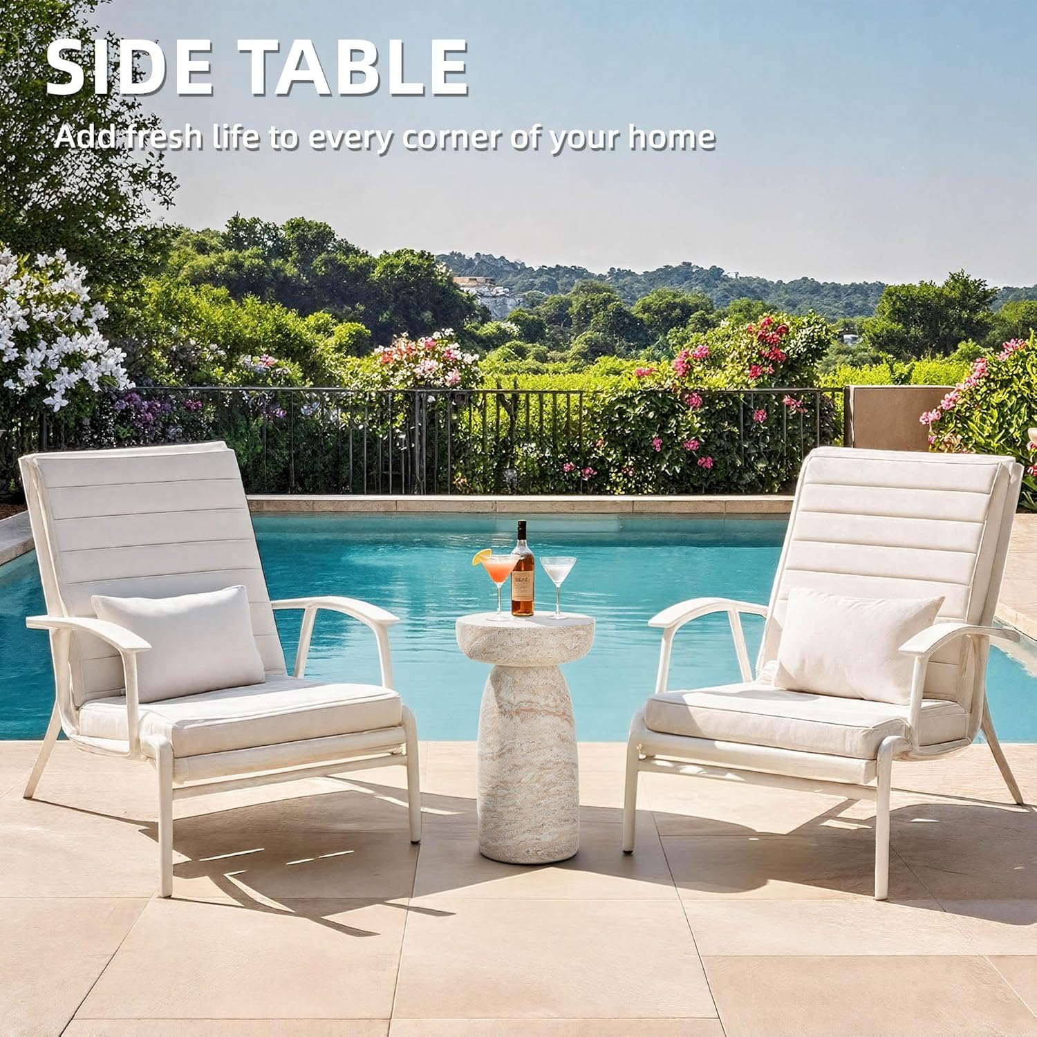24" Outdoor Side Table, Large Modern Geometric Pedestal End Table, Decorative Patio Coffee Table for Balcony & Porch, Small Space Saving Accent Table, Planter Stand for Garden or Living Room