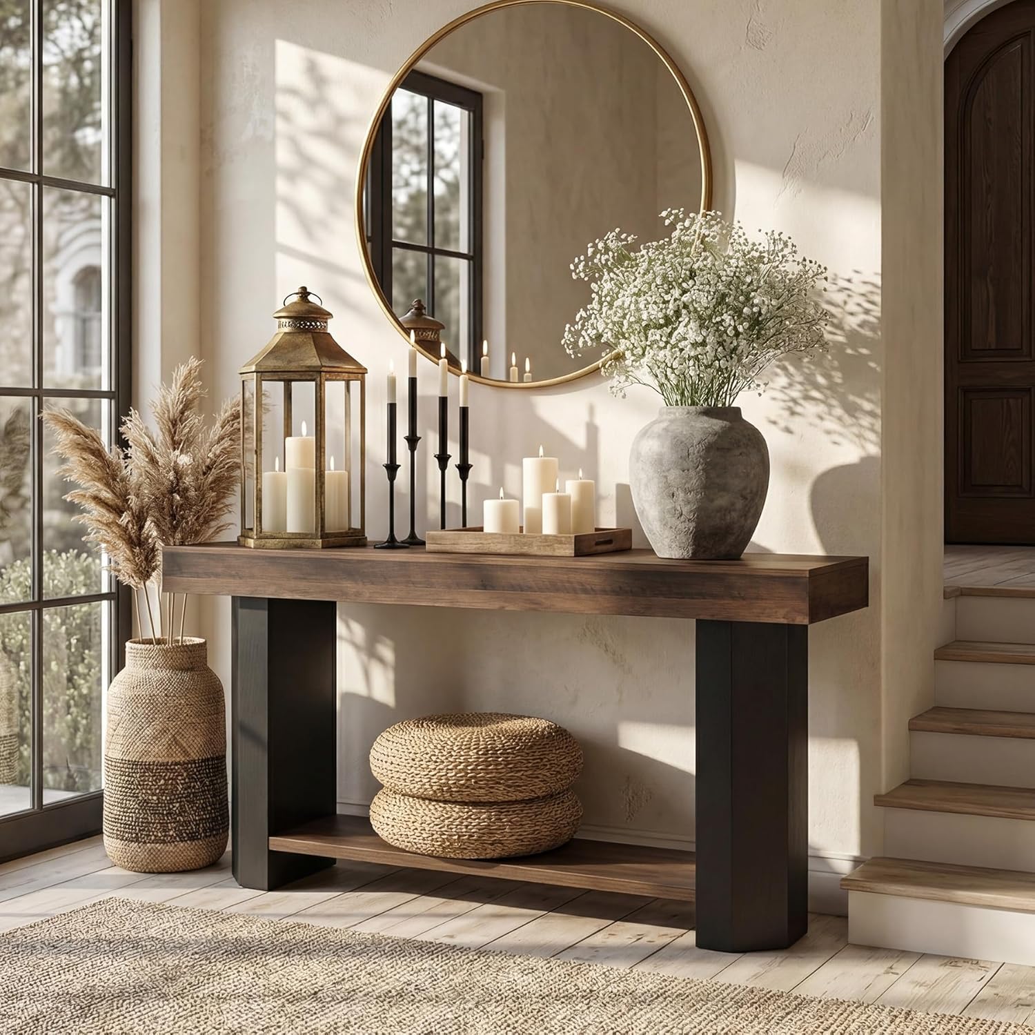 LITTLE TREE 63 in Console Table, 2 Tier Sofa Table Behind Couch, Long Console Sofa Tables for Living Room, Industrial Hallway Foyer Table for Entryway, Rustic Brown & Black