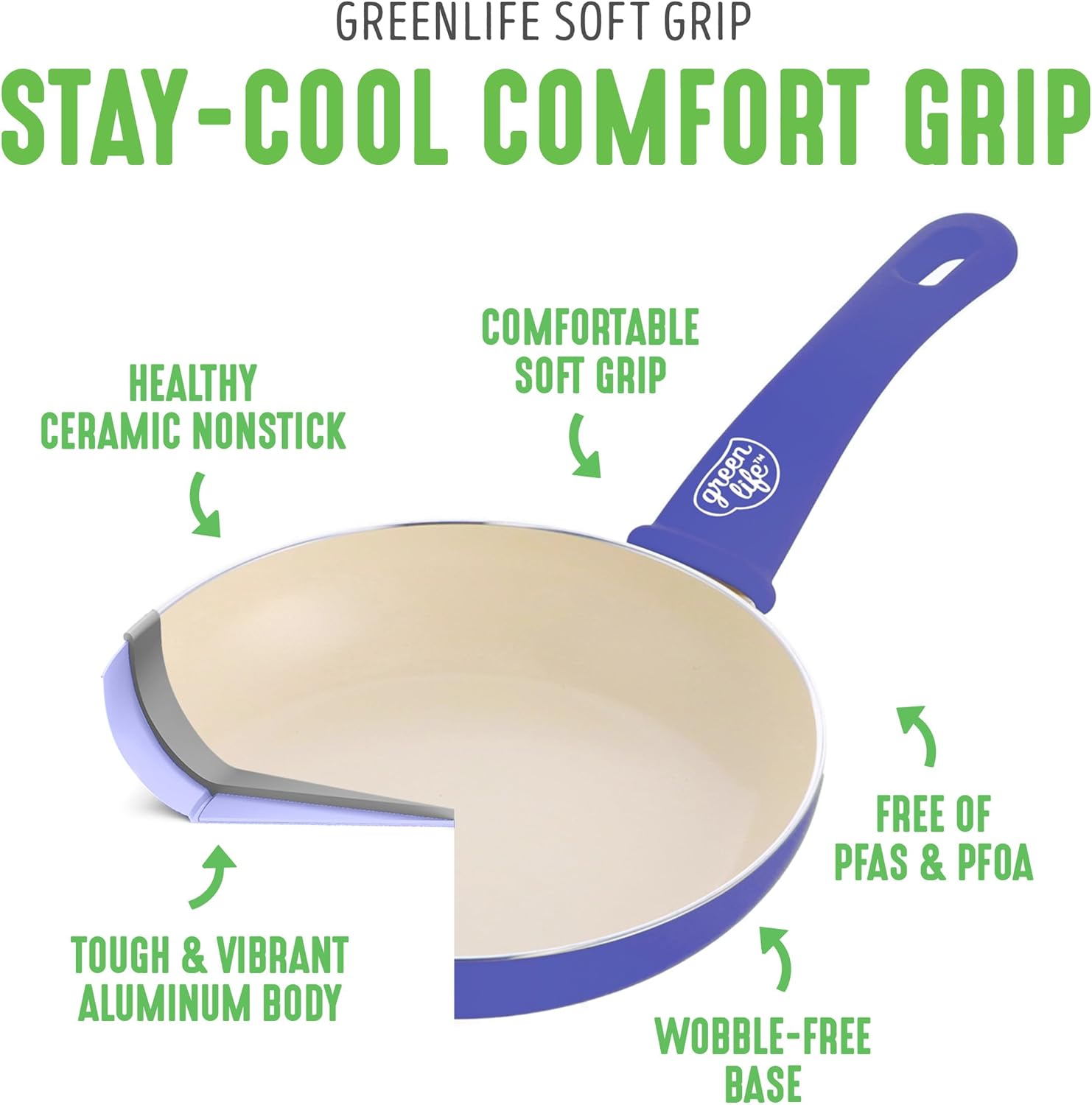 GreenLife 16 Piece Nonstick Cookware Set, Soft Grip Non-Toxic PFAS-Free Ceramic Pots & Pans, Dishwasher & Oven Safe, Frying, Sauce, Utensils, Glass Lids, Stay-Cool Handles, Wobble Free, Periwinkle