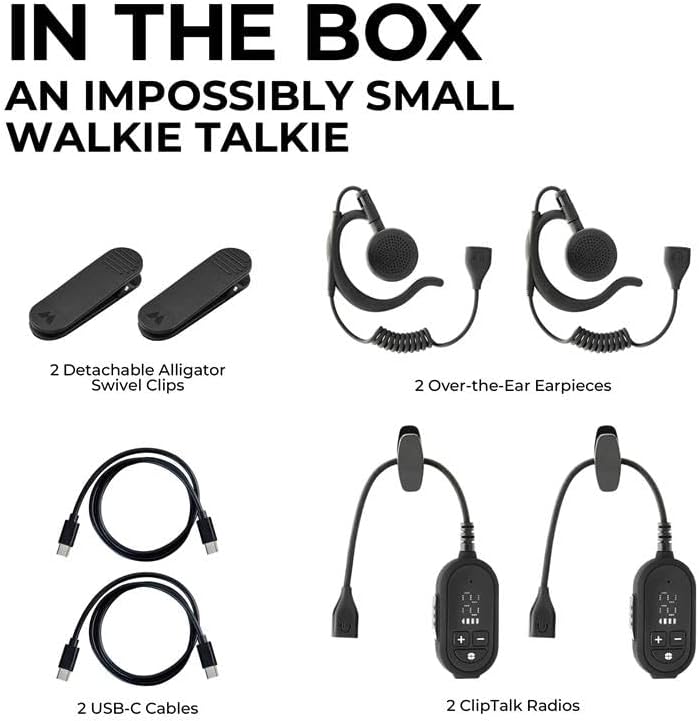 CLIPTALK Micro Wearable Walkie Talkie with Mobile App – Ultra-Portable Clip-On Two-Way Radios, VOX Hands-Free, USB-C Rechargeable FRS Radio, 22 Channels 121 Privacy Codes (2-Pack, Black)