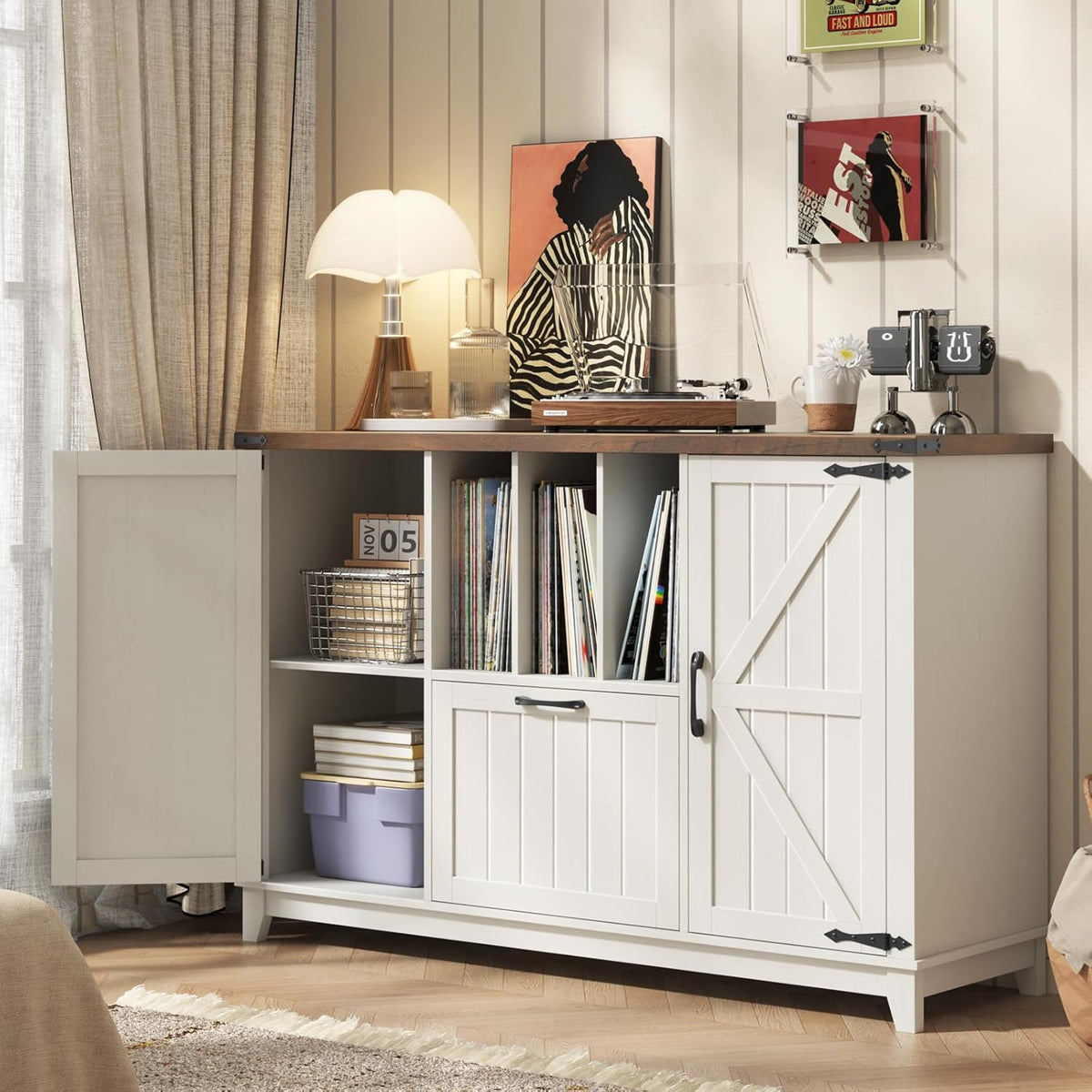 Lateral File Cabinet with File Drawer, Farmhouse Filing Cabinet with Storage Shelves for Legal/A4/Letter Size Hanging Files, Large Modern Printer Stand for Home Office (Rustic White and Brown)