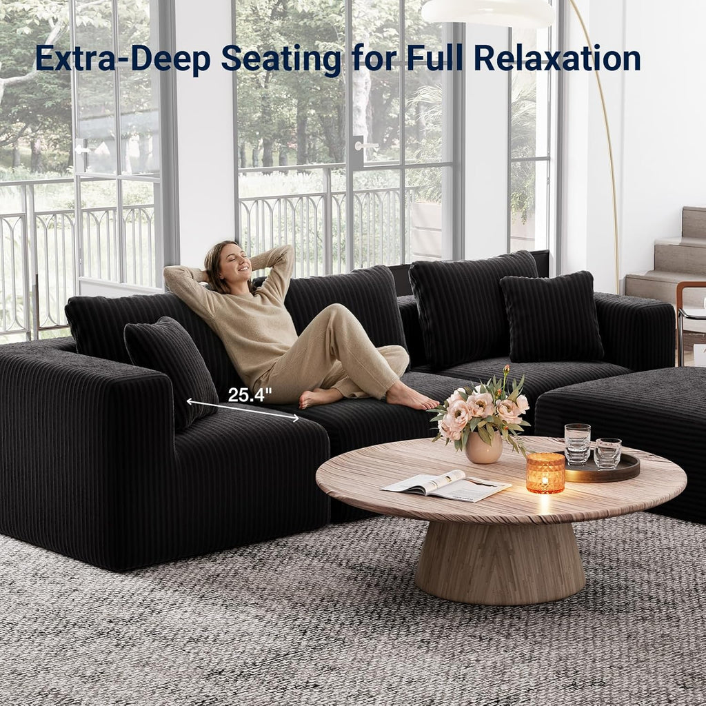 Avenco 141” 6-Seat Modular Sectional Sofa Couch, Individually Wrapped Coil Support & Corduroy Fabric, Zero Assembly 6-Piece Set for Large Living Room, Black