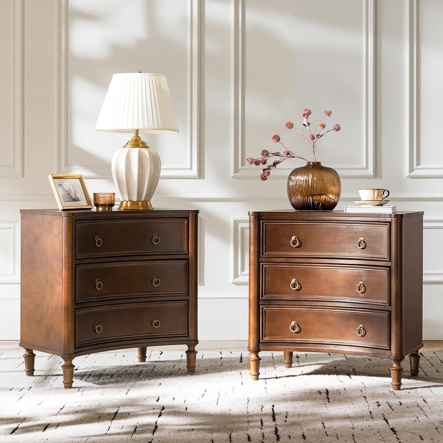 HULALA HOME 3 Drawer End Tables Set of 2 with Charging Station, 26" Wide Endtables with Solid Wood Legs and Curved Profile, Classic Side Tables for Living Room, Walnut
