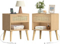 Keehusux 17.7" W x 15.7" D Rattan Nightstand Set of 2, Night Stand with Charging Station, Bedside Table with Open Shelf & Solid Wood Legs, Boho Night Stand with Drawer, End Table for Bedroom, Natural