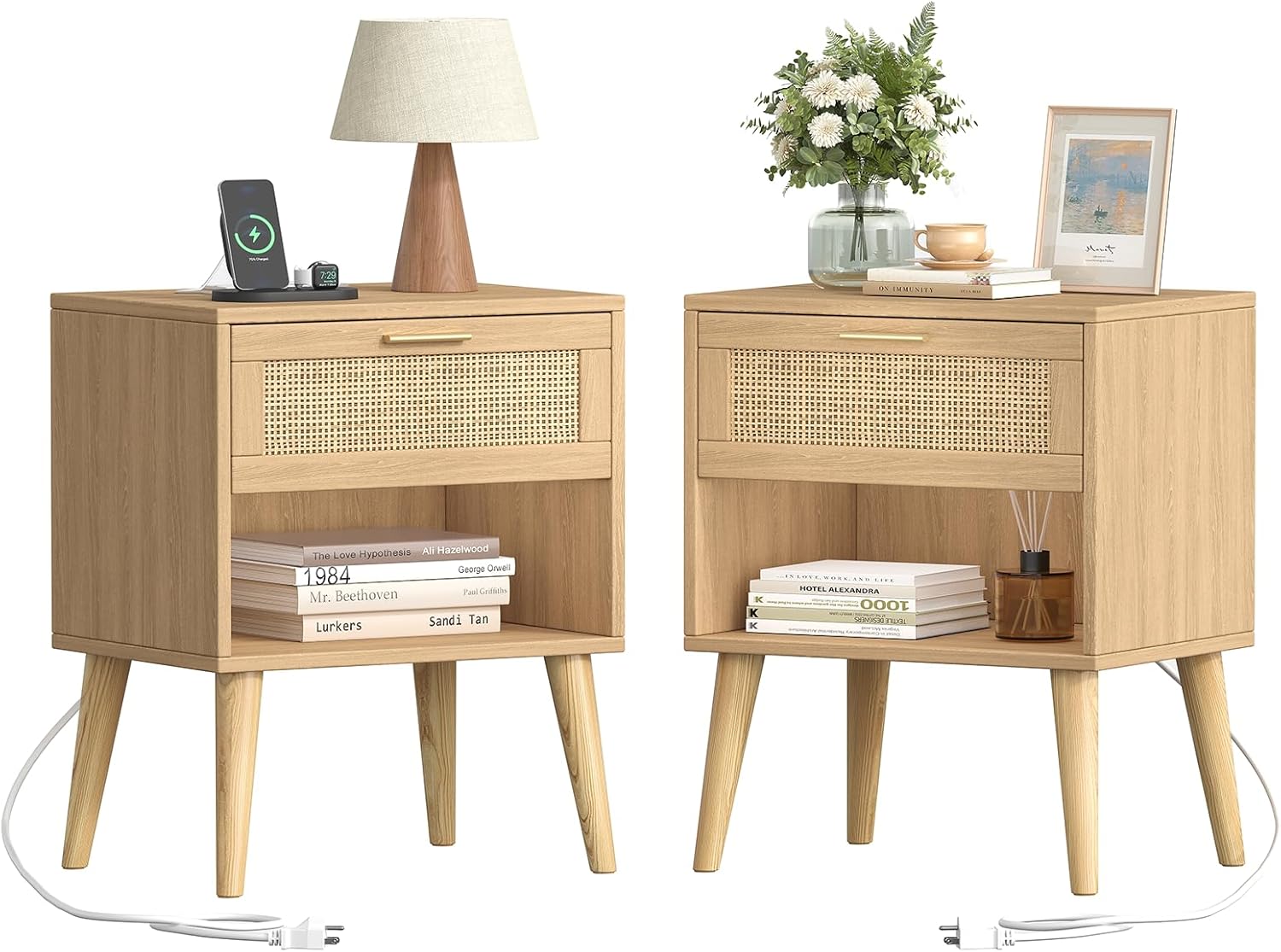 Keehusux 17.7" W x 15.7" D Rattan Nightstand Set of 2, Night Stand with Charging Station, Bedside Table with Open Shelf & Solid Wood Legs, Boho Night Stand with Drawer, End Table for Bedroom, Natural