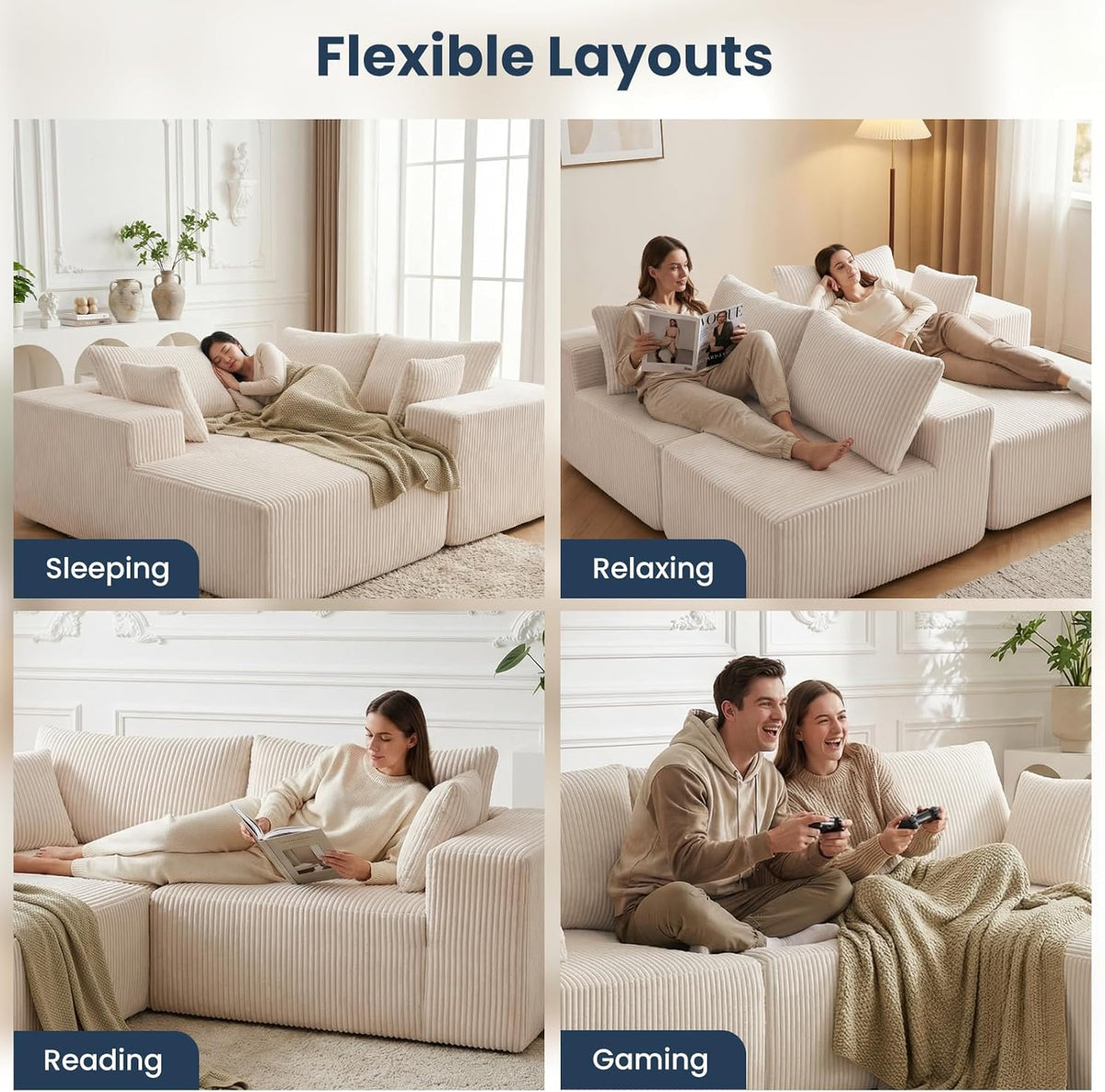DUMOS 108" Boneless Couch, Cloud Sectional Couch with L-Shape Chaise, Modular Sectional Sofa with Deep Seat, Upholstered Couch for Living Room Bedroom, No Assembly Required, Beige, Left Facing Chaise