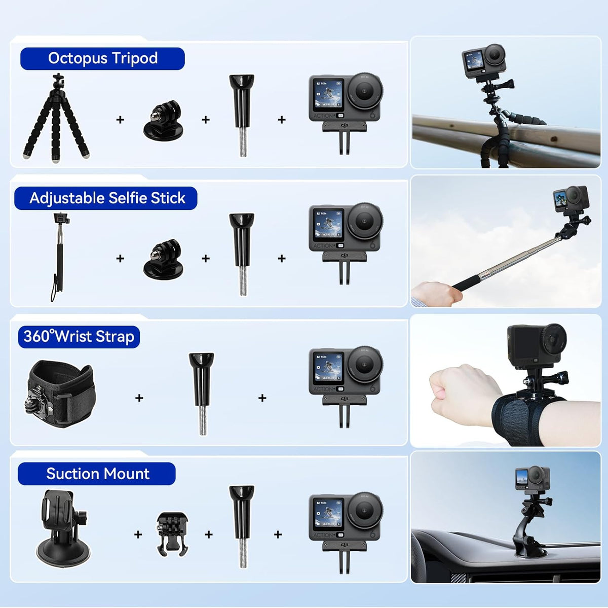 DJI Osmo Action 6 8K Waterproof Action Camera Bundle, 1/1.1" Square Sensor, 50GB Built-in Storage, Original Essential Combo + 58 Piece Accessory Kit + 2 Extra Batteries + Extra 64GB Card
