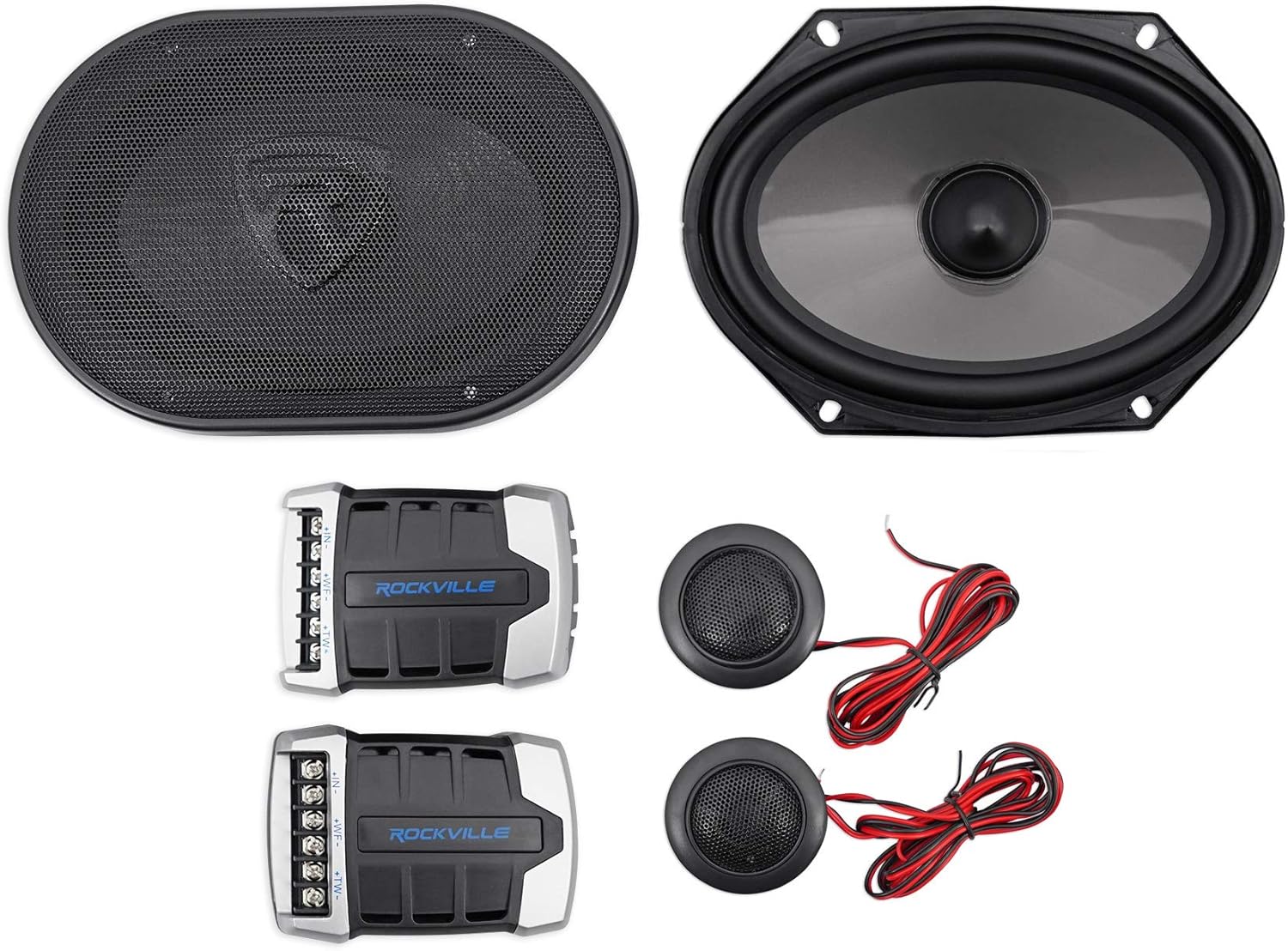 Rockville RV68.2C Bundle: (4) 6x8 / 5x7 Component Car Speakers 1800W Peak/340W RMS, RXA-F1 4-Channel Amplifier, RWK42 4 Gauge Amp Wiring Kit with RCA Cables, for Car Audio Systems, 6-Items