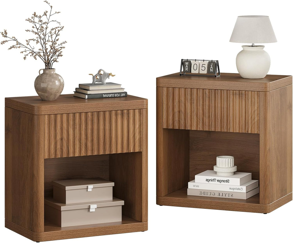 Night Stand Fluted Nightstand with Drawers, Wood Bedside Table End Tables, Large Storage Nightstands, Mid Century Modern Night Stands for Bedroom, Walnut