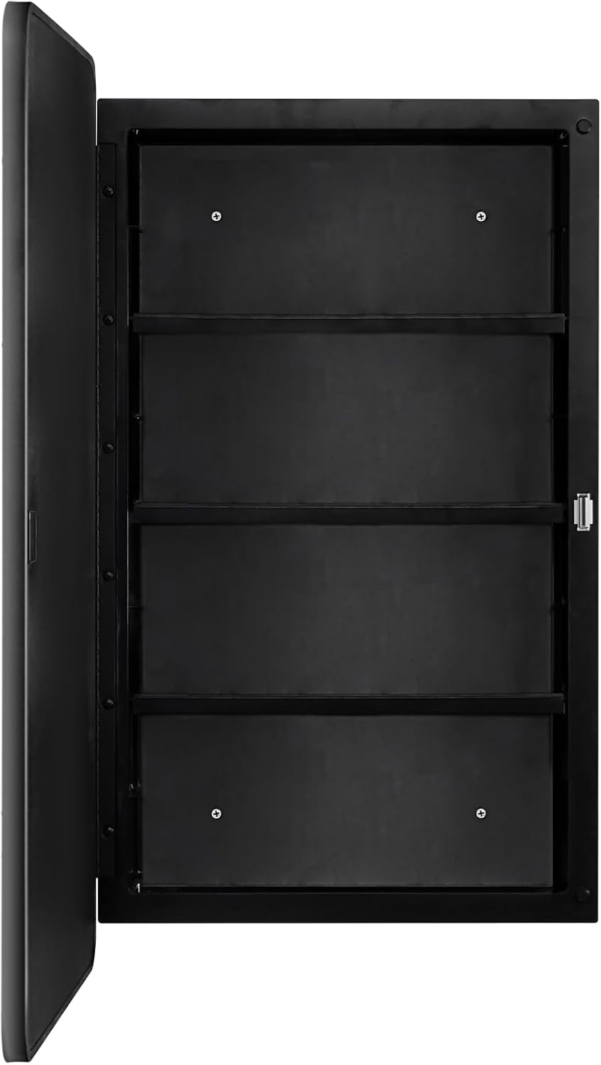 Fundin Black Plastic Medicine Cabinet, Mirror Door with Round Corner Metal Frame, Recessed and Surface Mount Bathroom Wall Medicine Cabinet, 16 x 28 inch Mirror Size