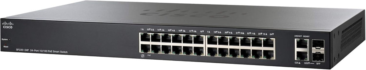 Cisco SF220-24P Smart Switch with 24 Fast Ethernet Plus 2 Gigabit Ethernet (GbE) Uplink Plus 180W PoE, Cisco Small Business Product (SF220-24P-K9-NA-RF) (Renewed)