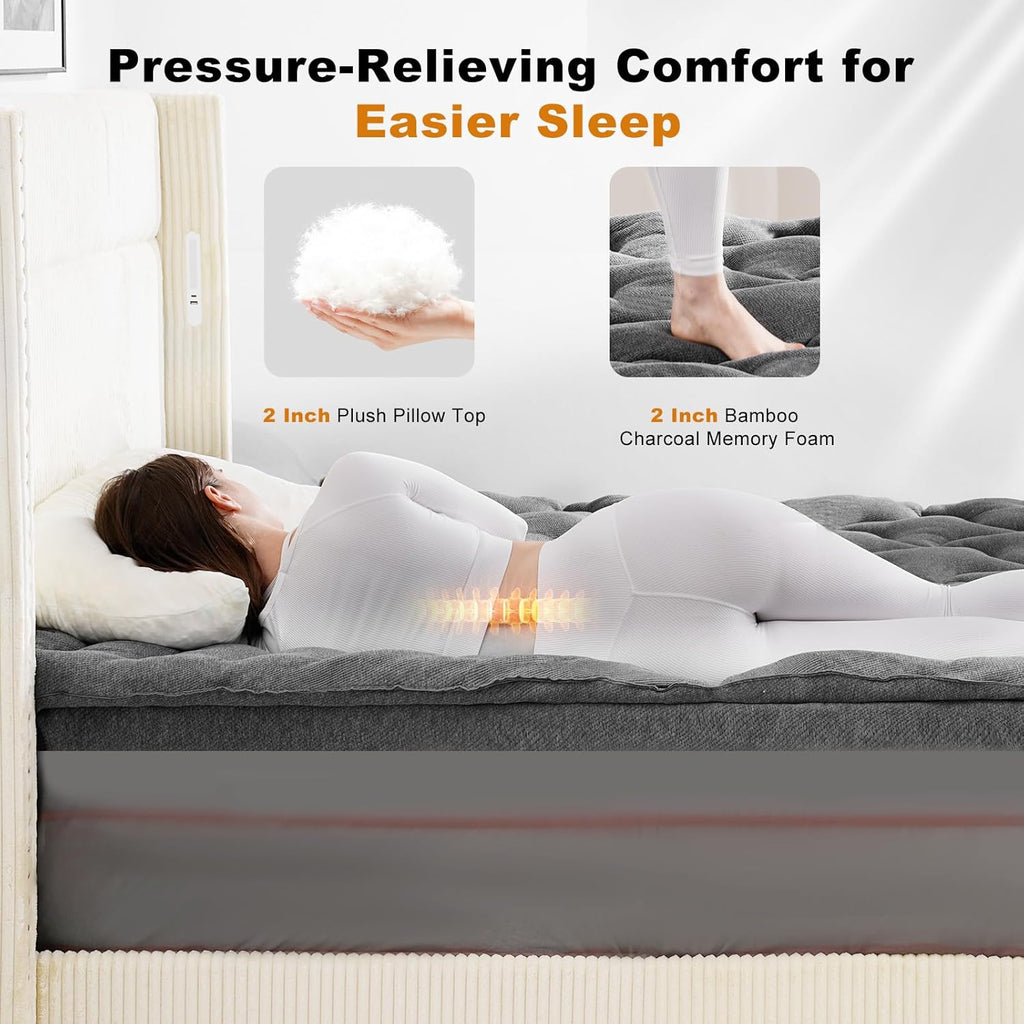 HOMRELEXA Dual Layer 4 Inch Bamboo Memory Foam Mattress Topper Queen Size, 2 Inch Thick Soft Quilted Pillow Top Cover Plus 2 Inch Charcoal Gel Memory Foam Mattress Pad for Back Pain Relief