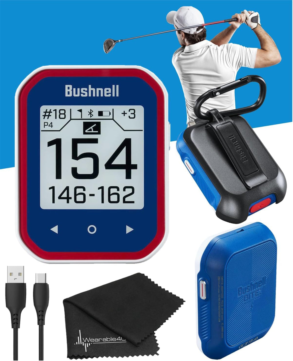 Bushnell Phantom 3 Slope Golf GPS Rangefinder (Blue) with BITE Magnetic Mount and GreenView with Slope-Adjusted Distances, 38,000+ Courses, Auto Hole Advance with Wearable4U Cleaning Cloth Bundle
