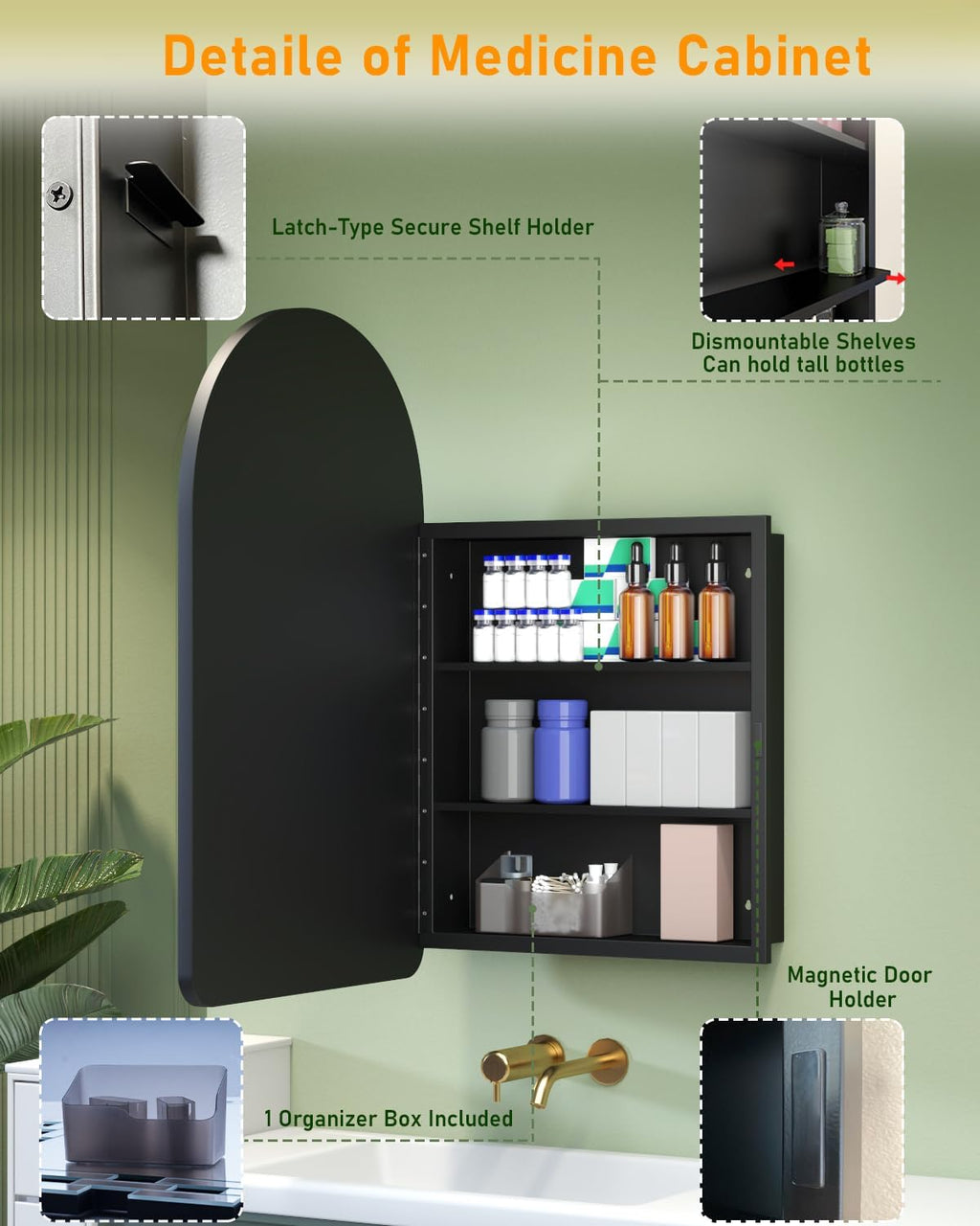 19.7"x31.5" Black Medicine Cabinet with Mirror, Arched Medicine Cabinet with Mirror for Bathroom Vanity Wall Mounted & Recessed with 1 Organizer, 2 Stable and Removable Shelves, Easy Installation