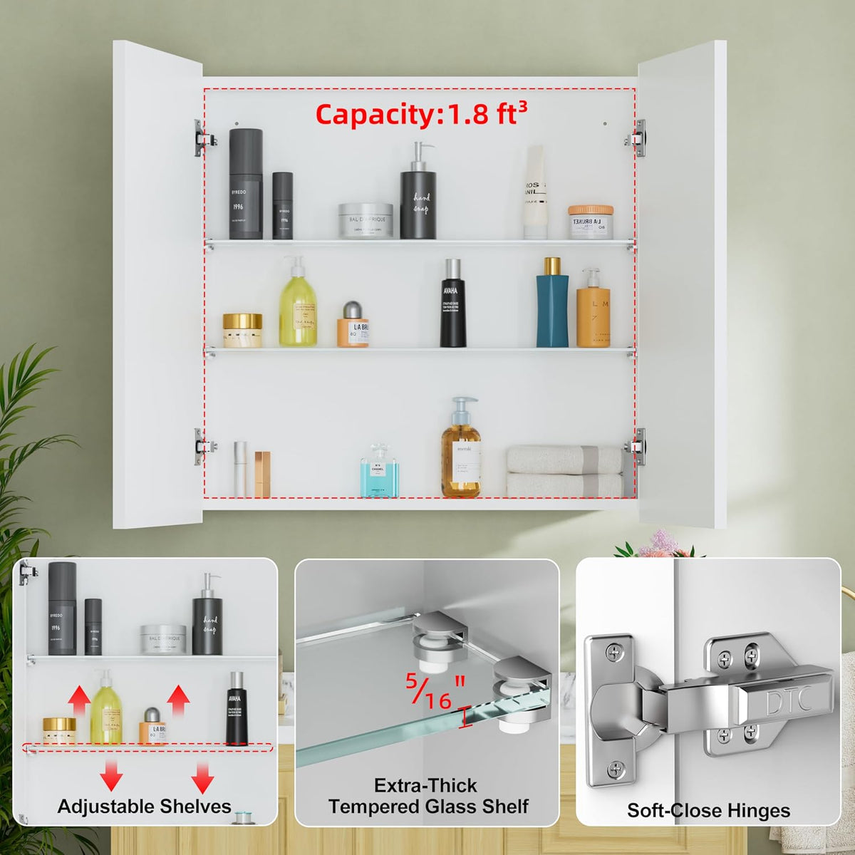 Buruis 30" x 30" Framed Medicine Cabinet with Mirror, Recessed or Wall Mounted Bathroom Cabinet, Adjustable Tempered Glass Shelves, Left/Right Open Reversible, No Assembly Required, White