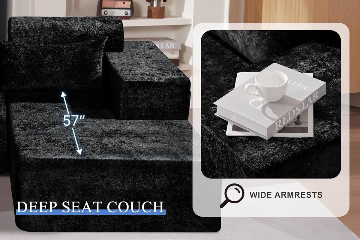 HABUTWAY 105" L-Shape Modular Sectional Sofa Couch for Living Room,No Assembly Required,Modular Comfy Sofa with Deep Seat for Living Room Bedroom,Luxury Distressed Velvet(Right,Black)