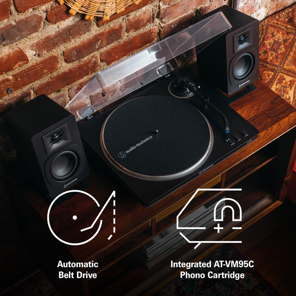 Audio Technica AT-LP70X-BZ Automatic Belt Drive Turntable - Black/Bronze with Audio Technica AT-SP3X Powered Bookshelf Speakers (2024)