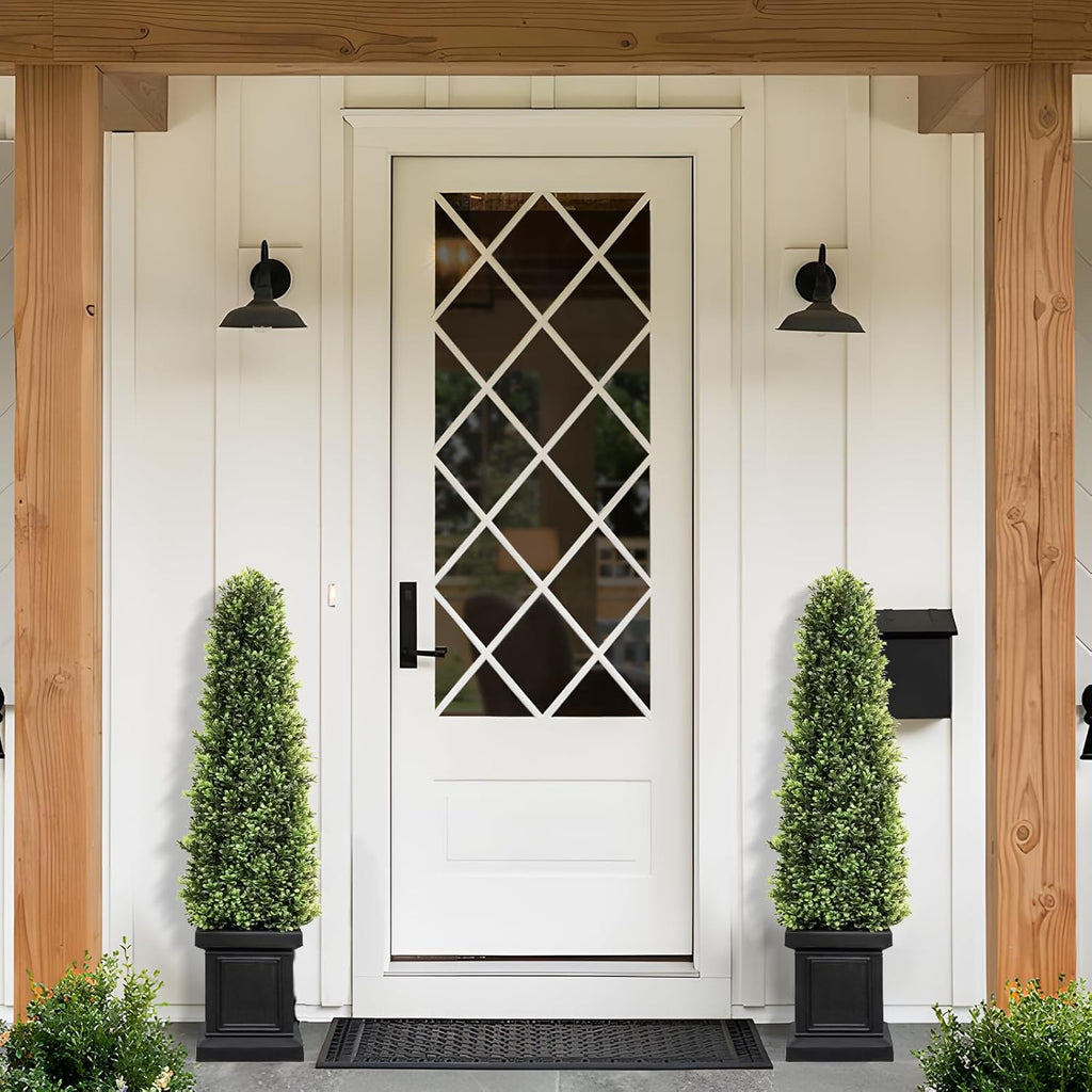 3.5ft Boxwood Outdoor Topiary Set of 2, Tall All Year Green Fake Plant Topiary Trees Artificial Outdoor Porch Trees with Sturdy Pot for Outdoor Indoor (Square)